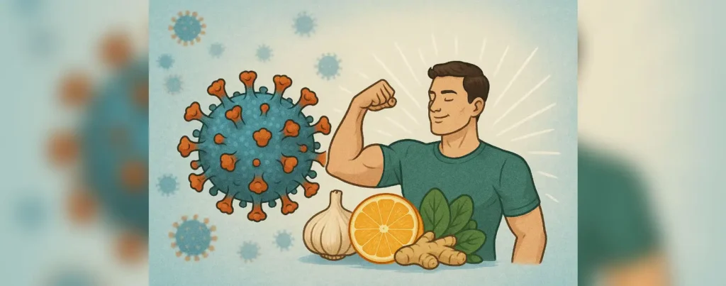 Illustration of a strong man flexing his arm beside natural immunity boosters like garlic, orange, ginger, and spinach, facing a detailed depiction of the COVID-19 virus.