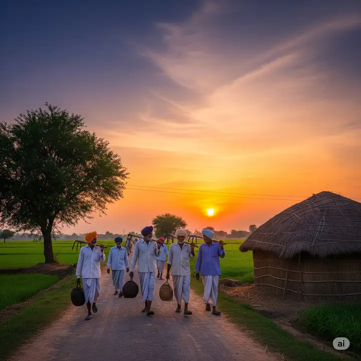 Root to village a group of people walking down a road with straw huts and a sunset