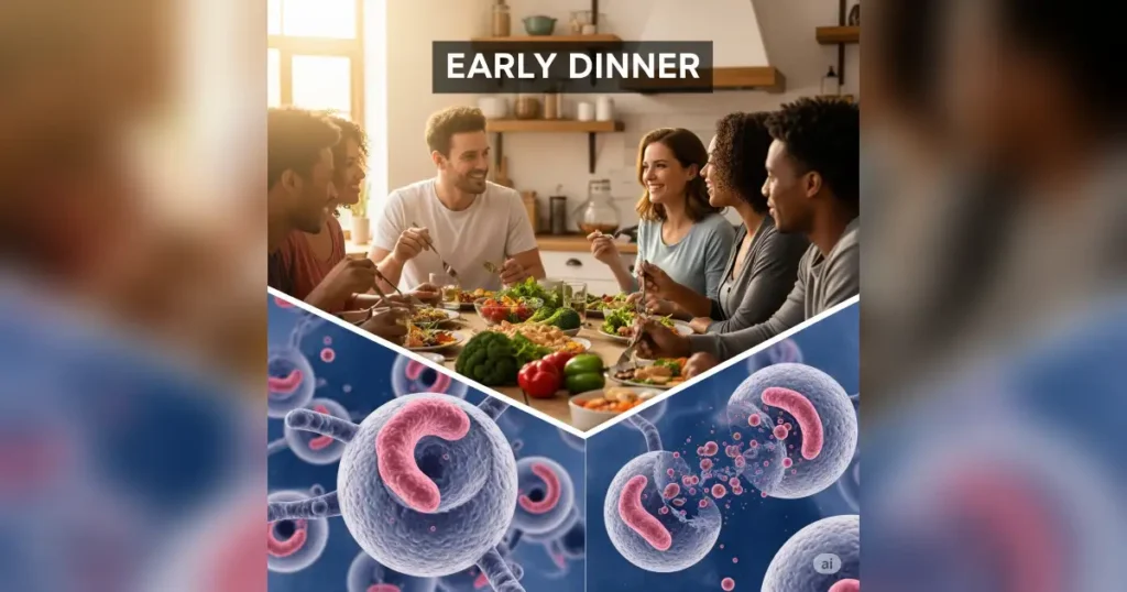 Healthy people enjoying an early dinner, representing the benefits of autophagy and cellular repair.