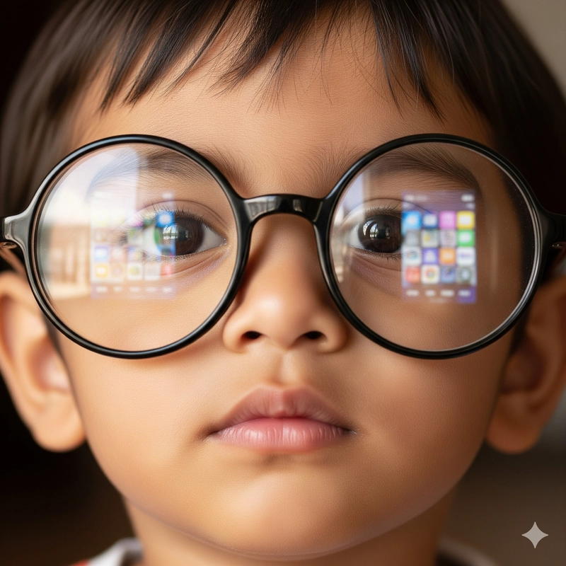  A young child wearing thick glasses, with a phone screen reflected in the lenses, symbolizing the link between screen time and myopia.