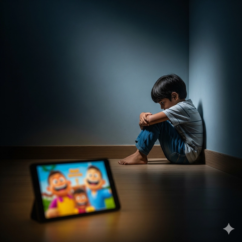 A young child facing a wall in isolation, with a glowing tablet behind them, depicting social withdrawal and virtual autism from screen addiction.