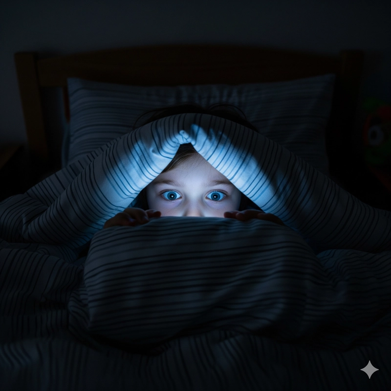 A child in a dark room, their face illuminated by a hidden phone under the covers, showing how screens cause sleep disorders in children