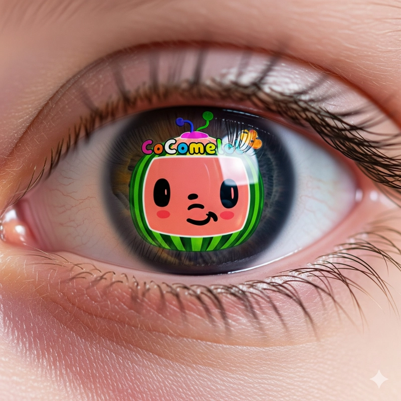 Extreme close-up of a child's eye with a hypnotic cartoon reflection, showing how engineered content like CoComelon addicts children's brains.