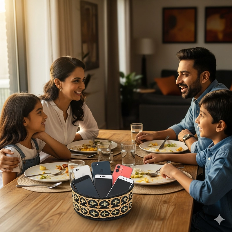 An Indian family laughing at a dinner table with a phone basket, showing a screen-free solution to reconnect and combat screen addiction.