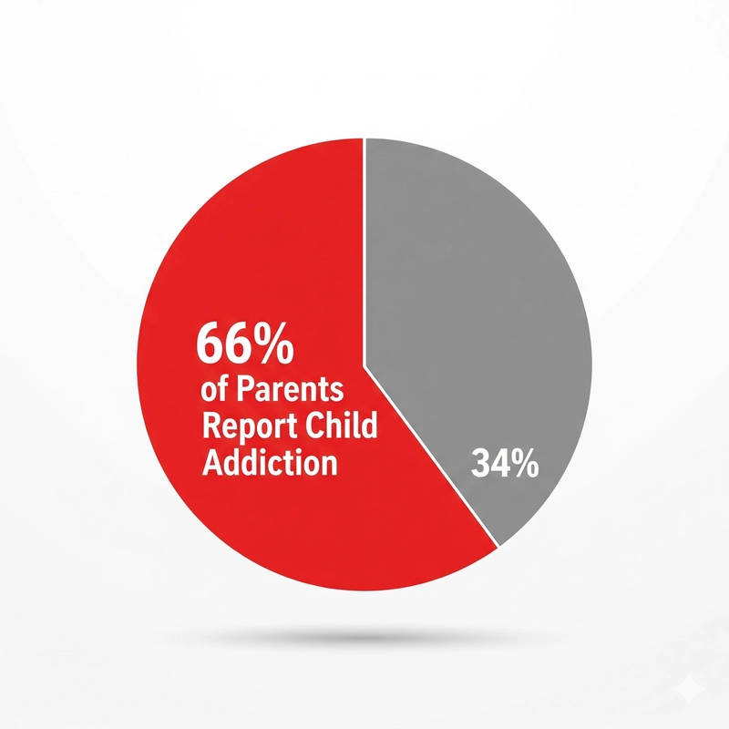 Pie chart showing 66% of Indian parents believe their children are addicted to screens, based on a survey of 70,000