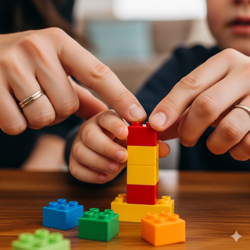 A parent and child's hands building a Lego tower together, representing healthy, connecting activities as an alternative to screens.