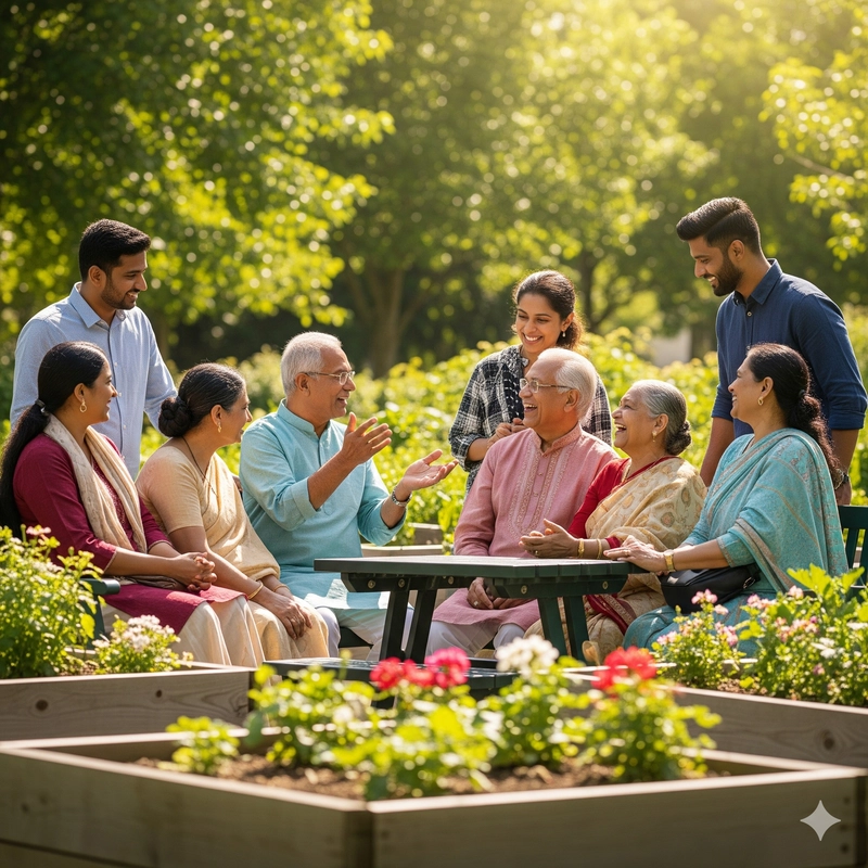 A diverse group of parents smiling and talking without phones, promoting the #ScreenFreeChildhood movement against screen addiction.